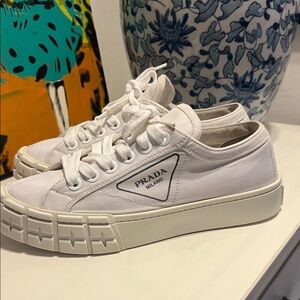Prada Wheel Gabardine Women's White Canvas Sneakers sz 37 1/2